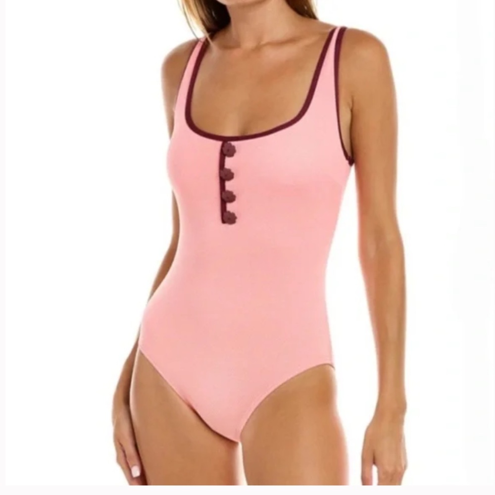 Kate Spade Pink Textured Square-Neck Contrast One-Piece Swimsuit SIZE S